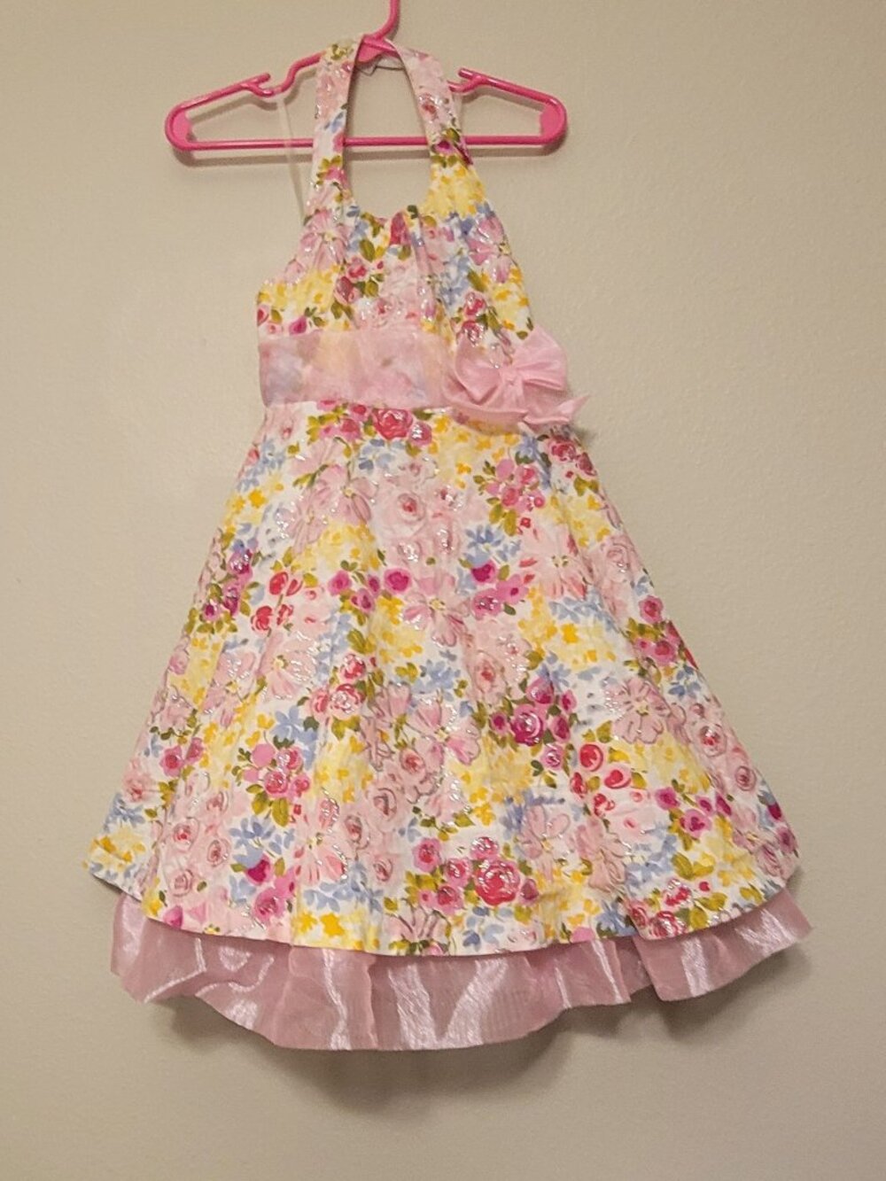 Jessica Ann Girls Size 5 Pink Floral Glitter Party Dress with Bow